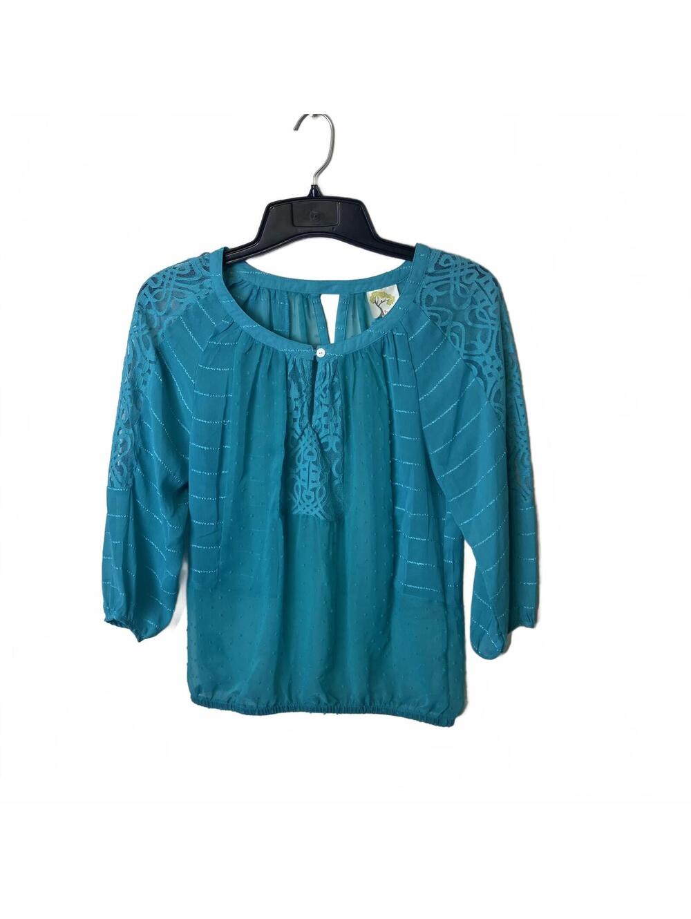 Fig and Flower Romantic Women's Turquoise Boho Lace Crochet Yoke Blouse Small